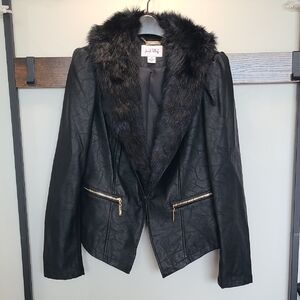 Joseph Ribkoff Black Leather Jacket with Fur Trim